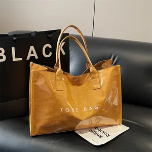 Minimalist Women Large Capacity PVC DuPont Paper Tote Bag Letter Print Waterproof Transparent Jelly Shoulder Bag For Work Daily