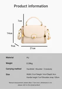 Guía de tallas detallada para bolso beige de cuero PU con medidas 21x14x9cm y hebilla M