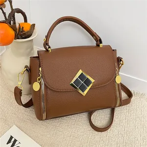 Sac à Main en Cuir PU Texture Litchi Mode Coréenne pour Femmes Sac en Bandoulière Carré Vintage Avec Boucle en Métal