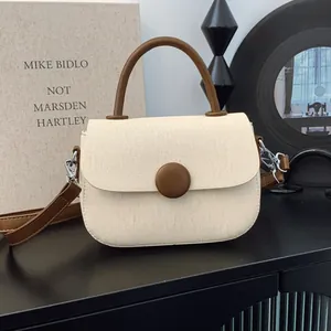 Sac à Main Femme en Cuir PU et Patchwork de Toile Rétro Boucle Ronde Sac Bandoulière Petit Sac à Épaule pour Voyage Quotidien