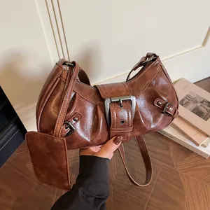 Women Vintage Moto Style PU Leather Underarm Bag Trendy Y2K Shoulder Crossbody Bag With Belt Buckle And Detachable Mini Pouch