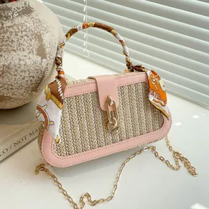 Women Chic Straw Woven Handbag With Scarf Handle Metal Chain Shoulder Bag Summer Beach Vacation Crossbody Shell Bag