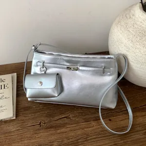 Women PU Leather Underarm Bag And Mini Pouch Fashion Shoulder Bag Metallic Minimalist Kelly Style Crossbody Bag For Lady