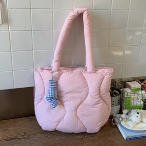 Women Korean Fashion Quilted Puffer Tote Bag Large Capacity Soft Nylon Shoulder Bag With Plaid Bow Charm For Daily School Office