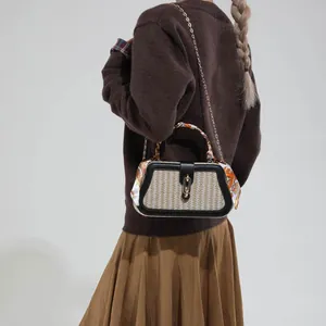 Straw patchwork chain bag with silk scarf handle and golden clasp for women
