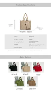 Détail de l'ensemble de sacs cabas matelassés avec pochette assortie et dimensions réelles