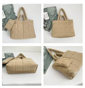 Détails du sac fourre-tout matelassé kaki avec mini pochette assortie et texture matelassée