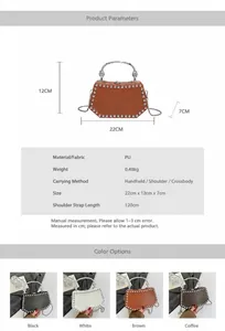Detailed size chart and multi-view specifications for the studded vintage chain bag