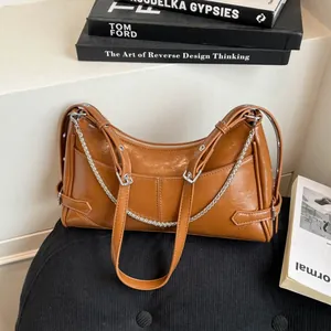 Sac à Épaule Femme avec Chaîne Texture Luxe Motif Craquelé en Cuir PU Sac sous le Bras Grande Capacité Sac à Main Bandoulière