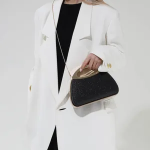 Elegant black sequin evening bag with gold metal handle and chain strap for women