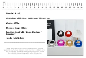 Detail showing acrylic crescent donut bag dimensions and multiple metallic color options