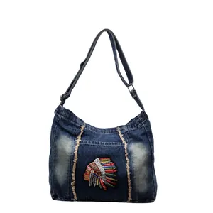 Vintage τσάντα ώμου denim με ινδικό κέντημα και ρυθμιζόμενο λουράκι