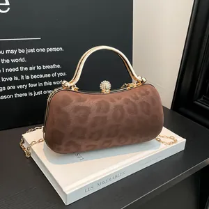 Leopard Print Cloth Evening Bag Luxury Rhinestone Clasp Metal Handle Chain Shoulder Crossbody Clutch For Women Banquet