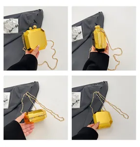 Detailed four-angle macro view of gold octagon mirror bag with chain and spherical clasp