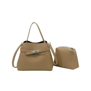 Retro khaki bucket bag set for women with litchi texture and silver buckle strap