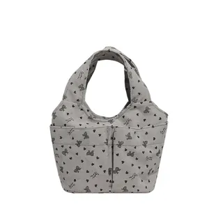 Borsa tote in velluto a coste grigio con stampa Sweet Candy e tasche dal design moderno