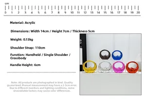 Detailed size specifications of the acrylic crescent bag with dimensions 14x7x5cm and handle