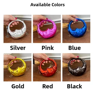 Collage of crescent moon shaped metallic handbags in six colors with chain straps