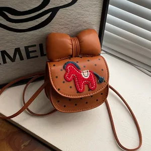Mini Sacoche De Selle Style Coréen En Cuir PU À Pois Avec Grand Nœud Et Broderie De Cheval Pour Femmes Filles