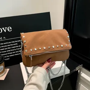 Vintage Rivet Chain Shoulder Bag For Women PU Leather Crossbody Bag Small Motorcycle Style Handbag Daily Messenger Purse
