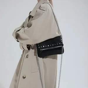 Retro black crossbody chain bag with silver studs and faux suede texture for women