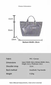 Maattabel voor gestreepte draagtas met details over PVC en canvas materiaalkeuze