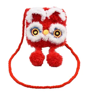 Traditional Chinese lion dance knitted plush crossbody bag in festive red with fuzzy pom-poms
