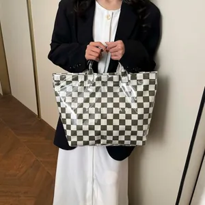 Fashion checkerboard tote bag with a transparent waterproof PVC outer layer and large capacity