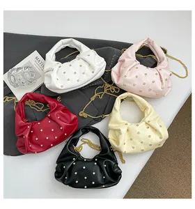Five pleated handbags in varied colors with gold studs and elegant chain straps