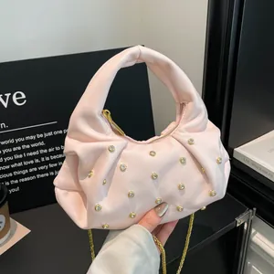 Korean Style Niche Pleated Handbag For Women Rhinestone Decor PU Leather Gold Metal Chain Strap Shoulder Crossbody Bag