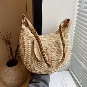 Straw Woven Shoulder Bag For Women Half Moon Hobo Resort Bag With PU Leather Adjustable Strap Casual Vacation Handbag