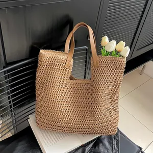 Women Straw Tote Bag Hand-woven Large Capacity Summer Beach Shoulder Bag With PU Leather Handle Magnetic Buckle Handbag