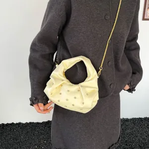 Chic pleated rhinestone handbag with gold chain strap in cream white for women