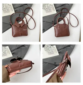 Detailed multi-angle views of brown suit-shaped leather crossbody bag with buttons