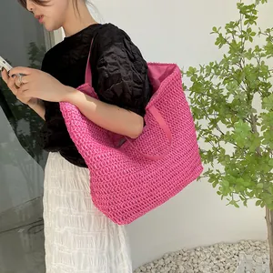 Fuchsia straw woven tote bag with large capacity for summer beach holidays