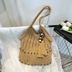 Bohemian Handmade Crochet Woven Tote Bag Women Hollow Out Floral Pattern Cotton Rope Shoulder Bag With Tassel Wood Beads