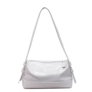 Detail of light purple glossy PU leather shoulder bag with side buckle decoration