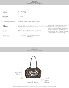 Size chart showing camo tote bag dimensions 36x22x12cm with interior capacity details