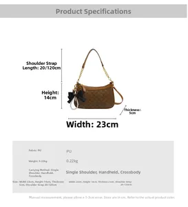Detail view showing brown monogram underarm bag dimensions 23x14x5cm with gold chain