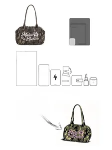 Camo tote bag interior capacity view showing phone, water bottle, and wallet storage