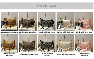 Detail grid of monogram hobo bags in khaki, black, white, and pink with pearl charms