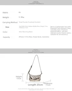 Detailed size and capacity specifications chart for the silver PU leather handbag