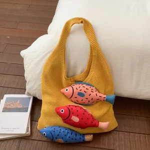 Japanese Cute Knit Tote Bag For Women Large Capacity Shoulder Bag With 3D Fish Decor Casual Handmade Woven Handbag 2026 Spring Fashion