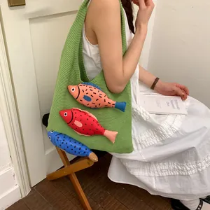 Japanese style green knit tote bag featuring three cute 3D fish plush charms for women