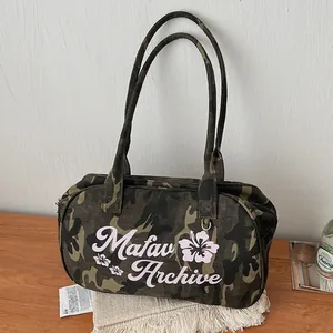 Vintage Camouflage Canvas Tote Bag For Women Large Capacity Floral Letter Print Underarm Shoulder Bag Urban Casual Handbag
