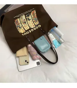 Detail view of large brown canvas tote bag interior showing spacious storage with daily items
