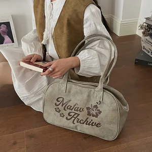 Vintage khaki canvas bowling bag with flower embroidery and large capacity