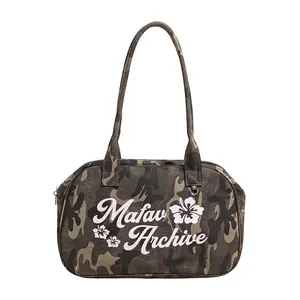 Camouflage canvas tote bag with pink floral Mafav Archive print and long handles