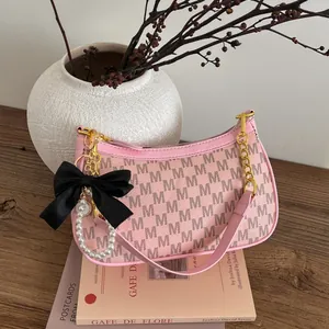 Women Vintage Letter Print Underarm Bag With Bow Artificial Pearl Pendant Chain Strap PU Leather Hobo Bag Fashion Shoulder Bag