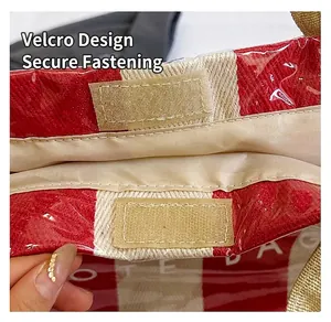Detail of the velcro closure on a striped waterproof PVC tote bag with firm adhesion